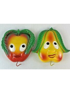 Miller Studio Anthropomorphic Chalkware Apple & Pear Wall Plaques Hook Set 1970